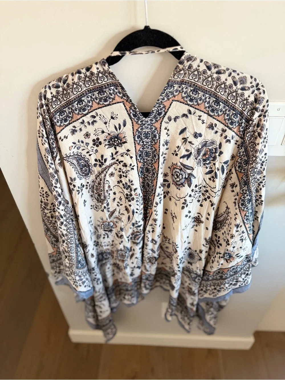 Patrons of Peace Boho Floral Kimono in Cream and Blue, Small